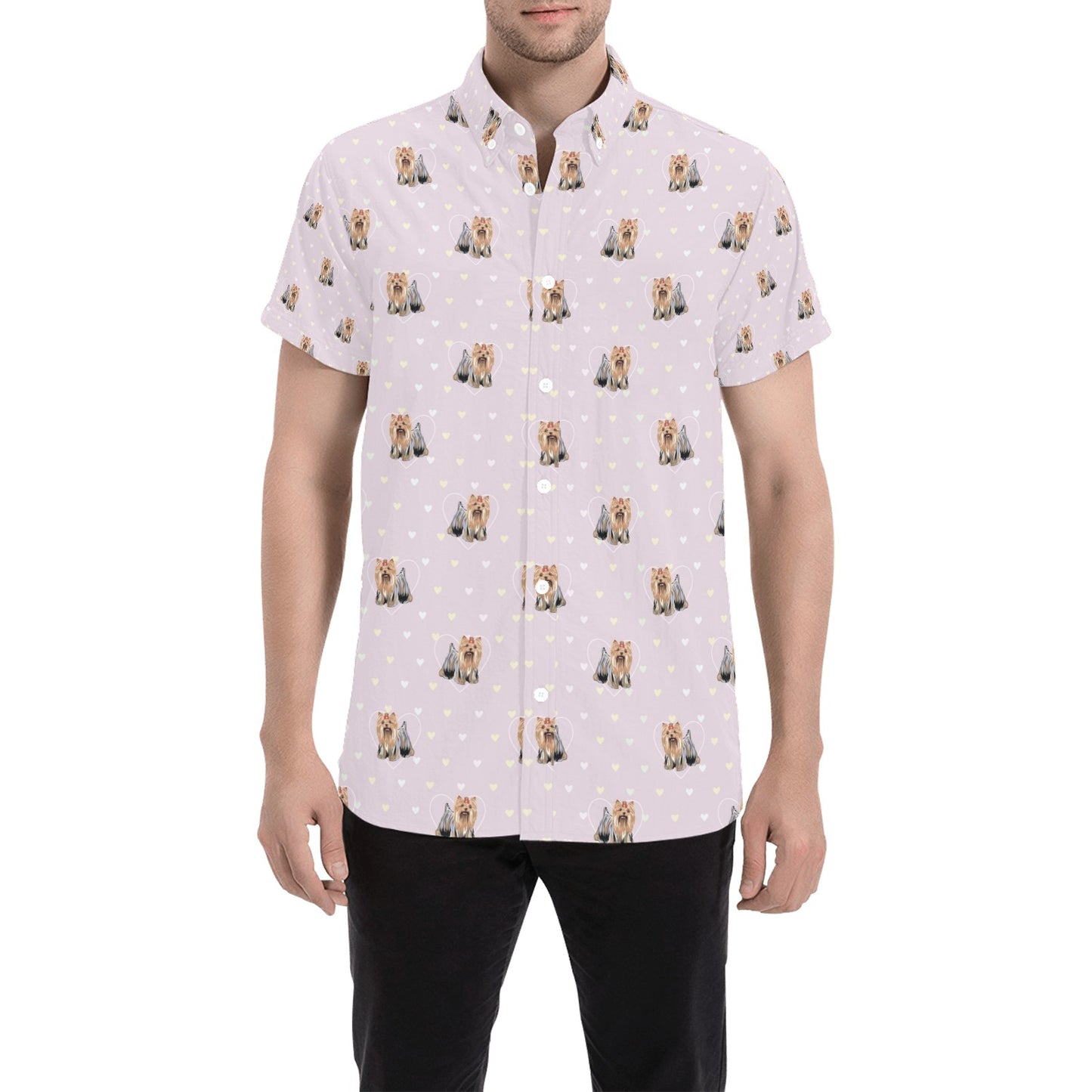 Yorkshire Terriers Print Design LKS302 Men Short Sleeve Button Up Shirt