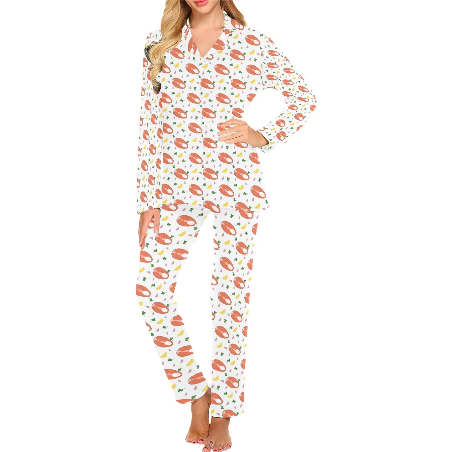 Salmon Steak Print Design LKS303 Women's Long Pajama Set