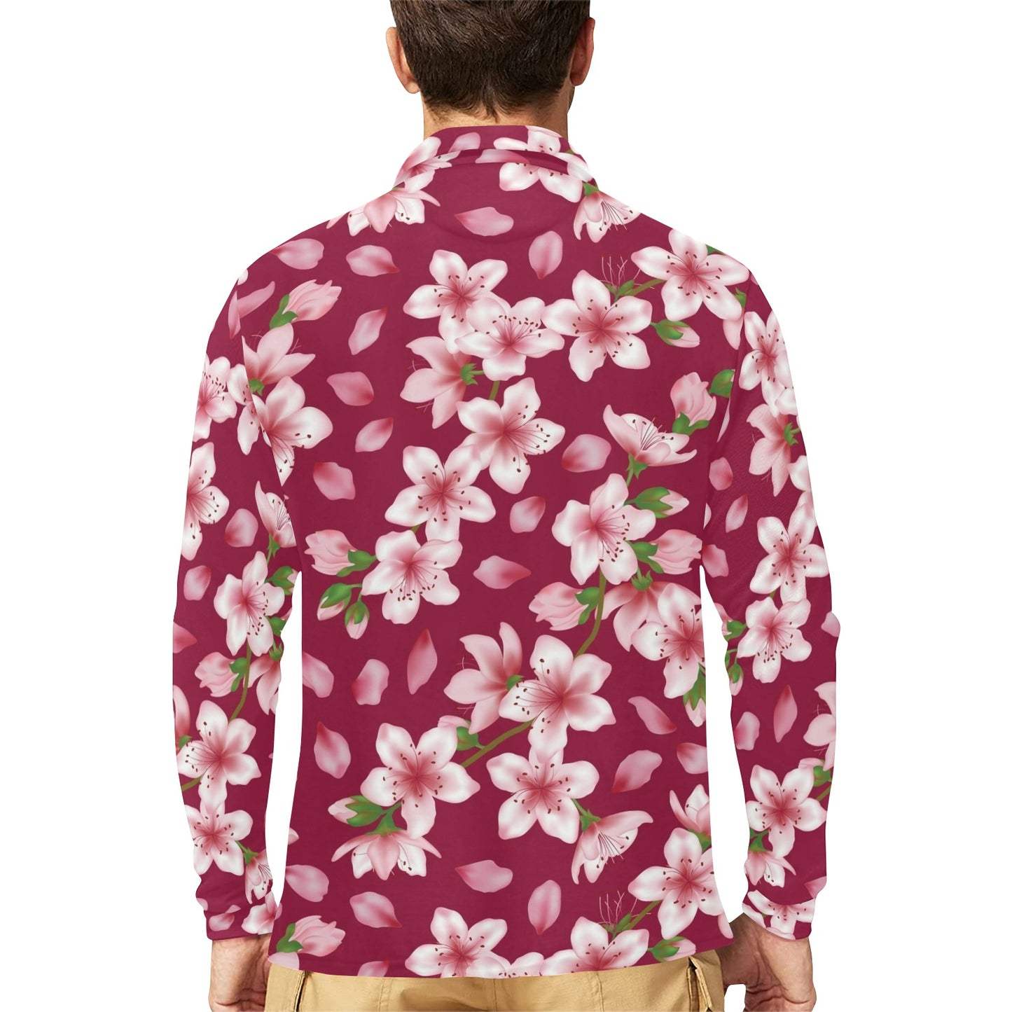 Cherry Blossom Pattern Print Design CB06 Long Sleeve Polo Shirt For Men's