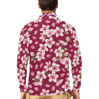 Cherry Blossom Pattern Print Design CB06 Long Sleeve Polo Shirt For Men's