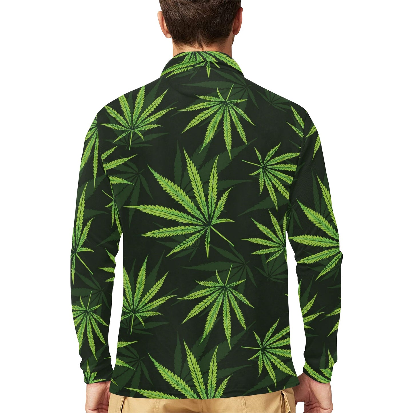 Pot Leaf Pattern Print Design A03 Long Sleeve Polo Shirt For Men's