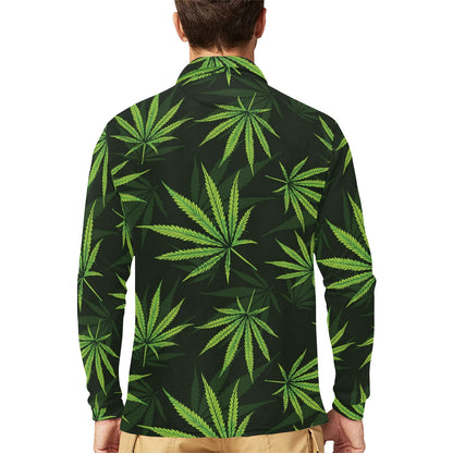 Pot Leaf Pattern Print Design A03 Long Sleeve Polo Shirt For Men's
