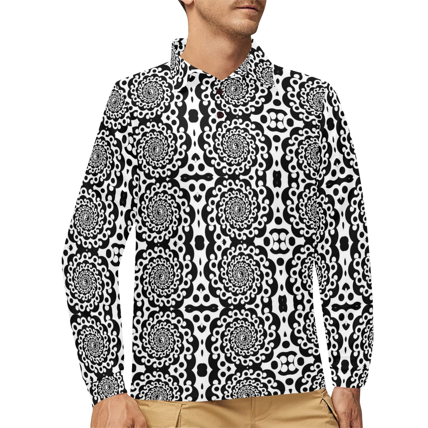 Yin Yang Spiral Design Print Long Sleeve Polo Shirt For Men's