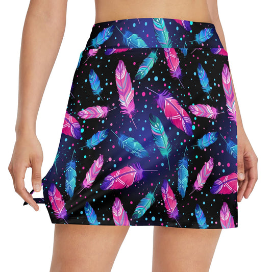Feather Colorful Boho Design Print 17" Golf & Pickleball Skort with Pockets