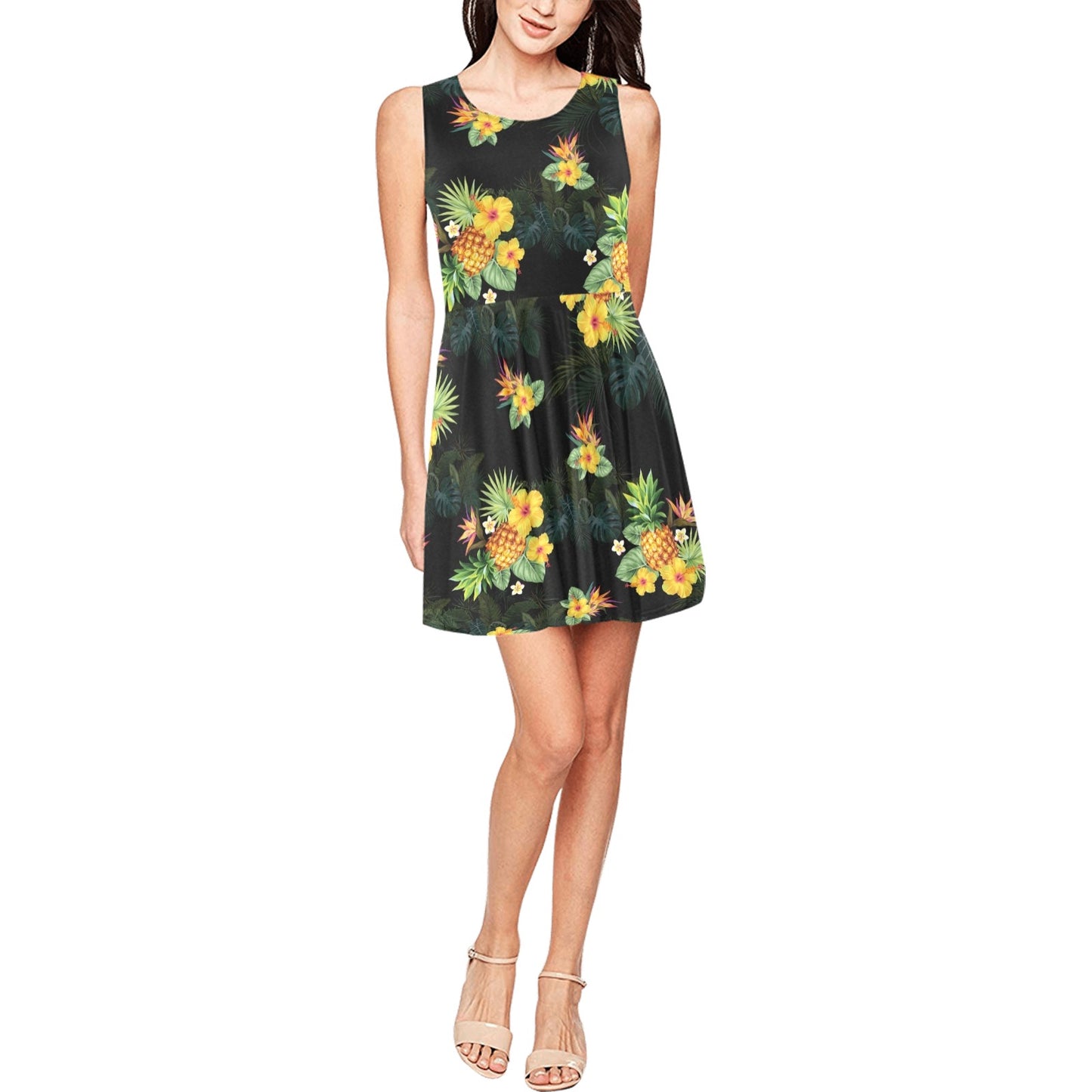 Pineapple Tropical Flower Print Pattern Sleeveless Dress