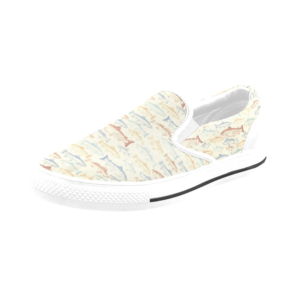 Salmon Fish Print Design LKS302 White Slip Ons Canvas Women's Shoes