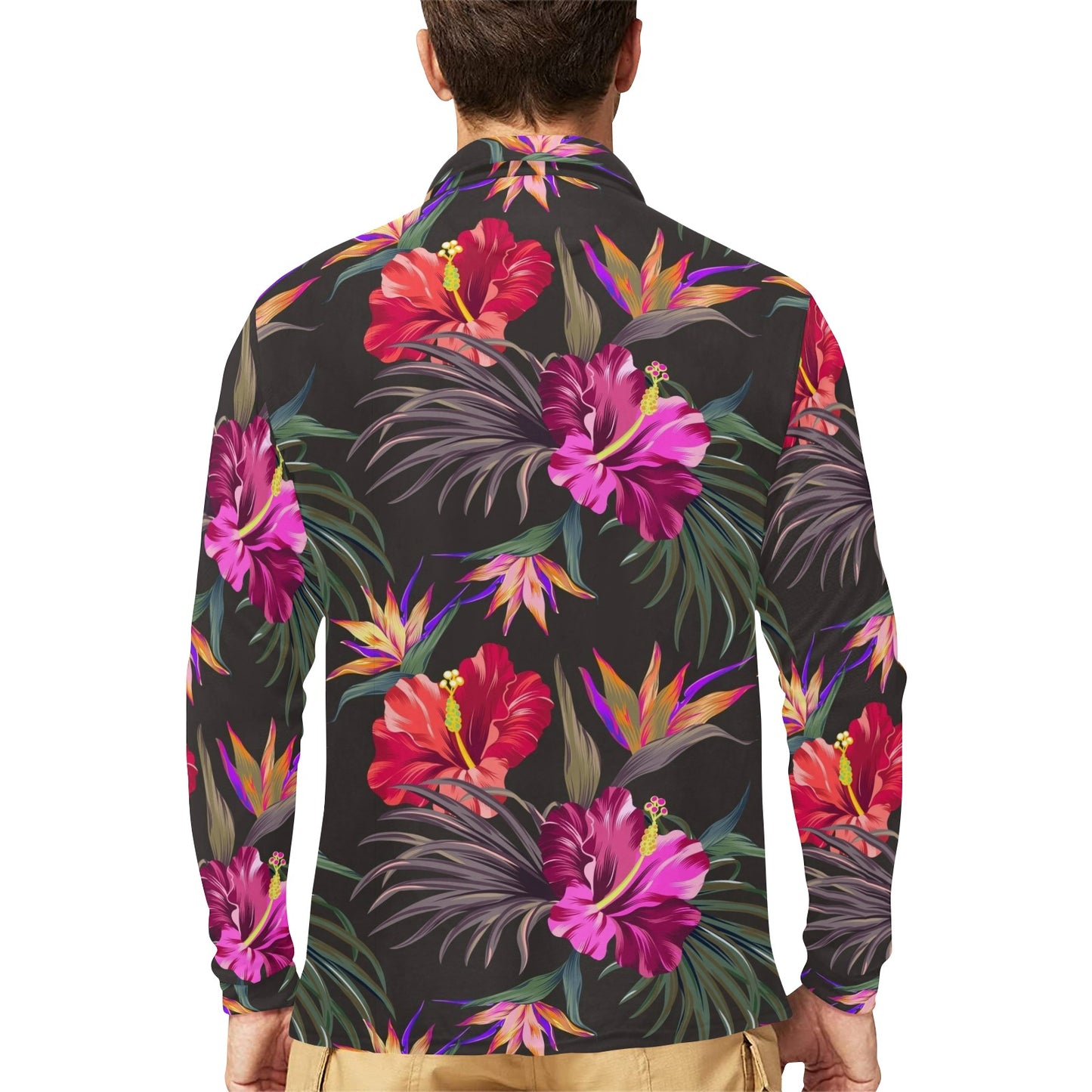 Hibiscus Pattern Print Design HB014 Long Sleeve Polo Shirt For Men's