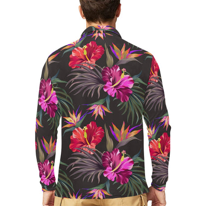 Hibiscus Pattern Print Design HB014 Long Sleeve Polo Shirt For Men's