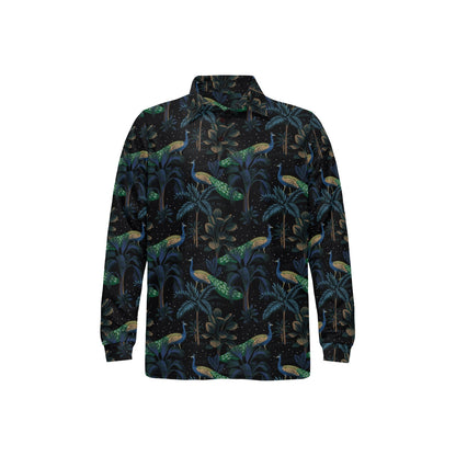 Rainforest Peacock Pattern Print Design A04 Long Sleeve Polo Shirt For Men's