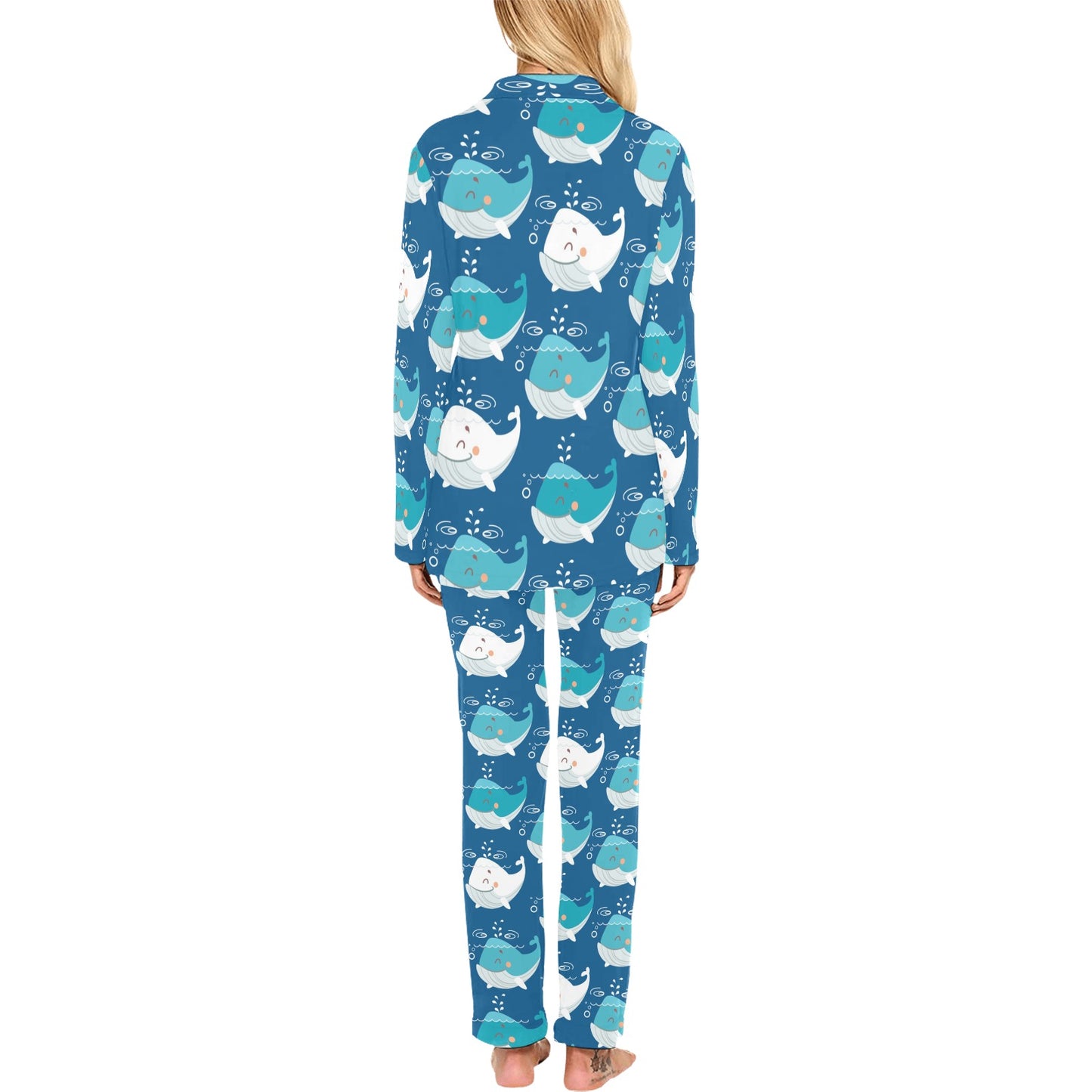 Blue Whale Pattern Print Design 01 Women's Long Pajama Set