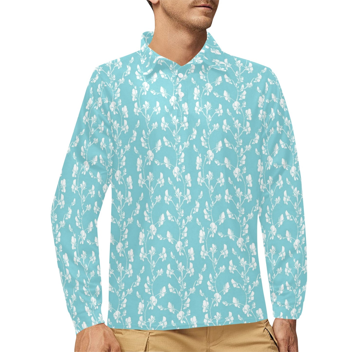 Sweet Pea Print Design LKS302 Long Sleeve Polo Shirt For Men's
