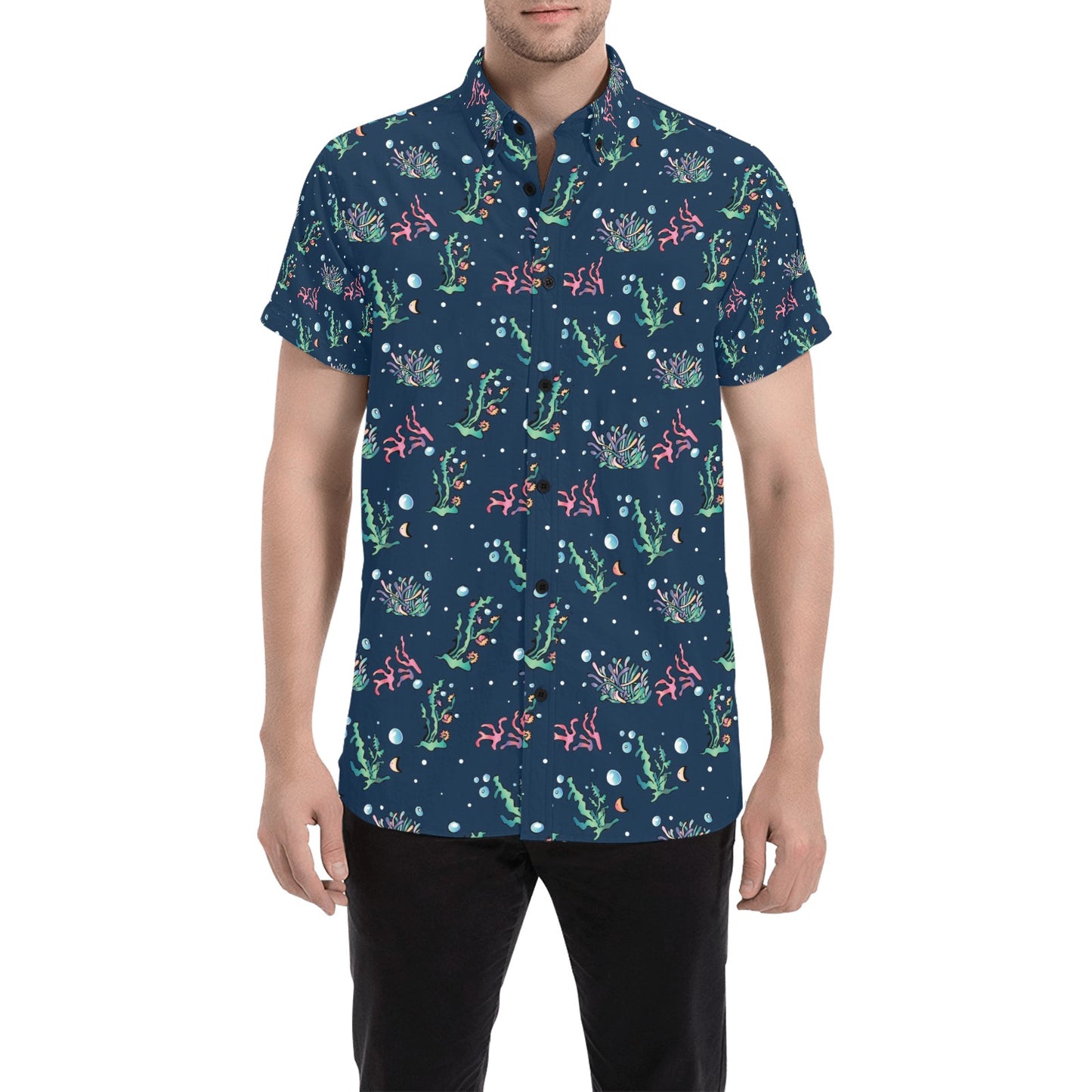 Seaweed Print Design LKS306 Men Short Sleeve Button Up Shirt
