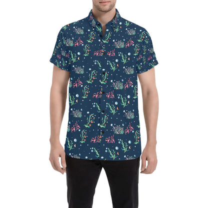 Seaweed Print Design LKS306 Men Short Sleeve Button Up Shirt