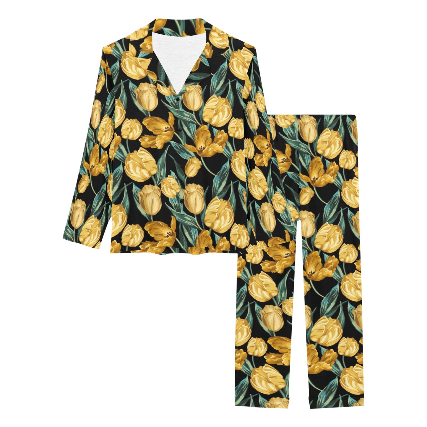 Elegant Yellow Tulip Print Women's Long Pajama Set