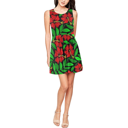 Red Hibiscus Embroidered Pattern Print Design HB032 Sleeveless Dress