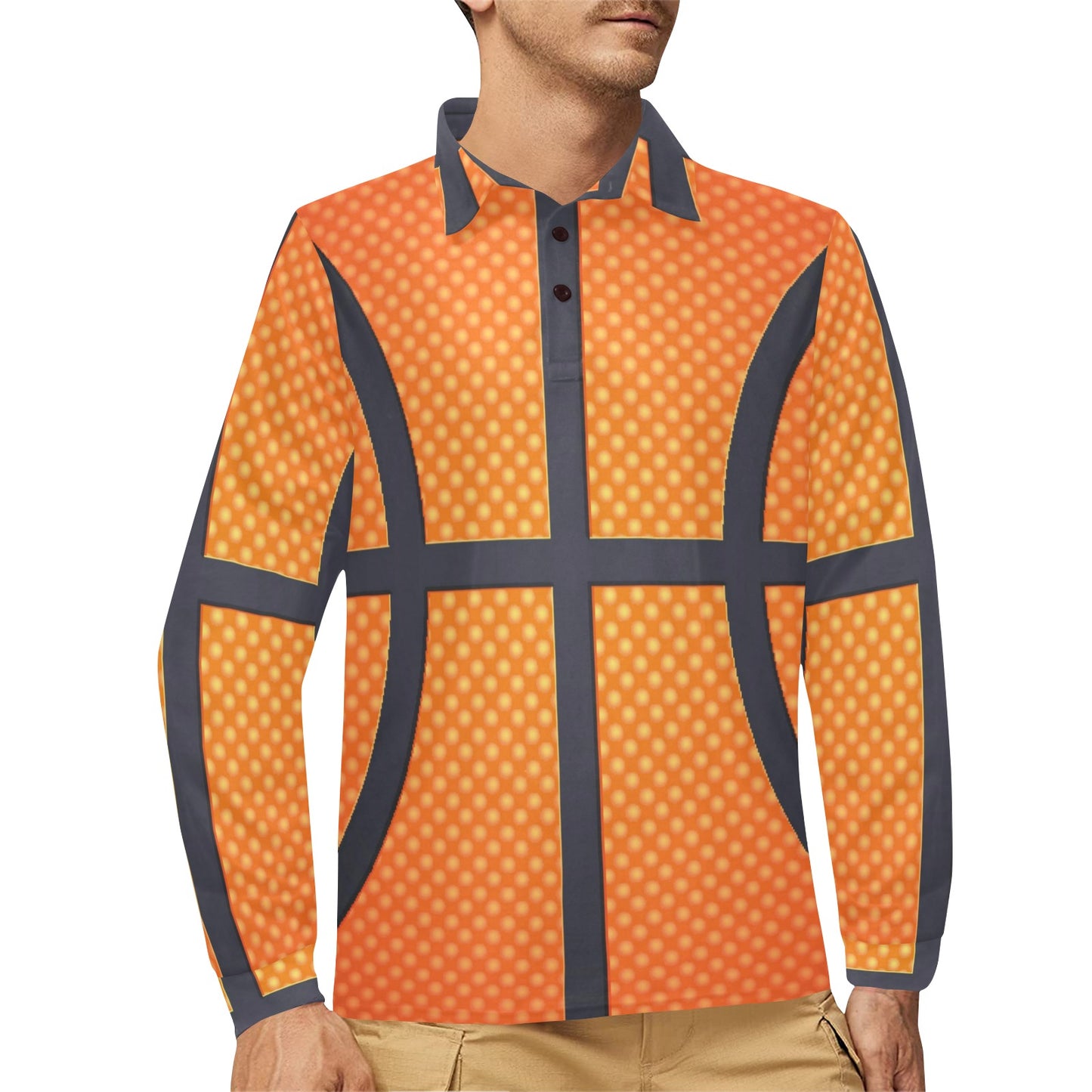Basketball Texture Print Pattern Long Sleeve Polo Shirt For Men's
