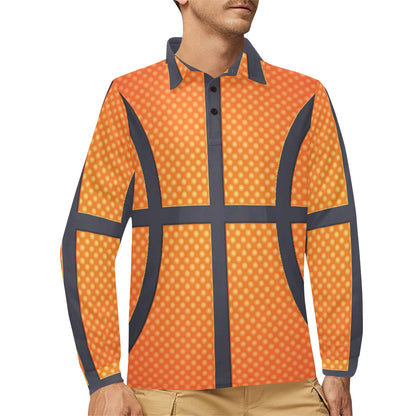 Basketball Texture Print Pattern Long Sleeve Polo Shirt For Men's
