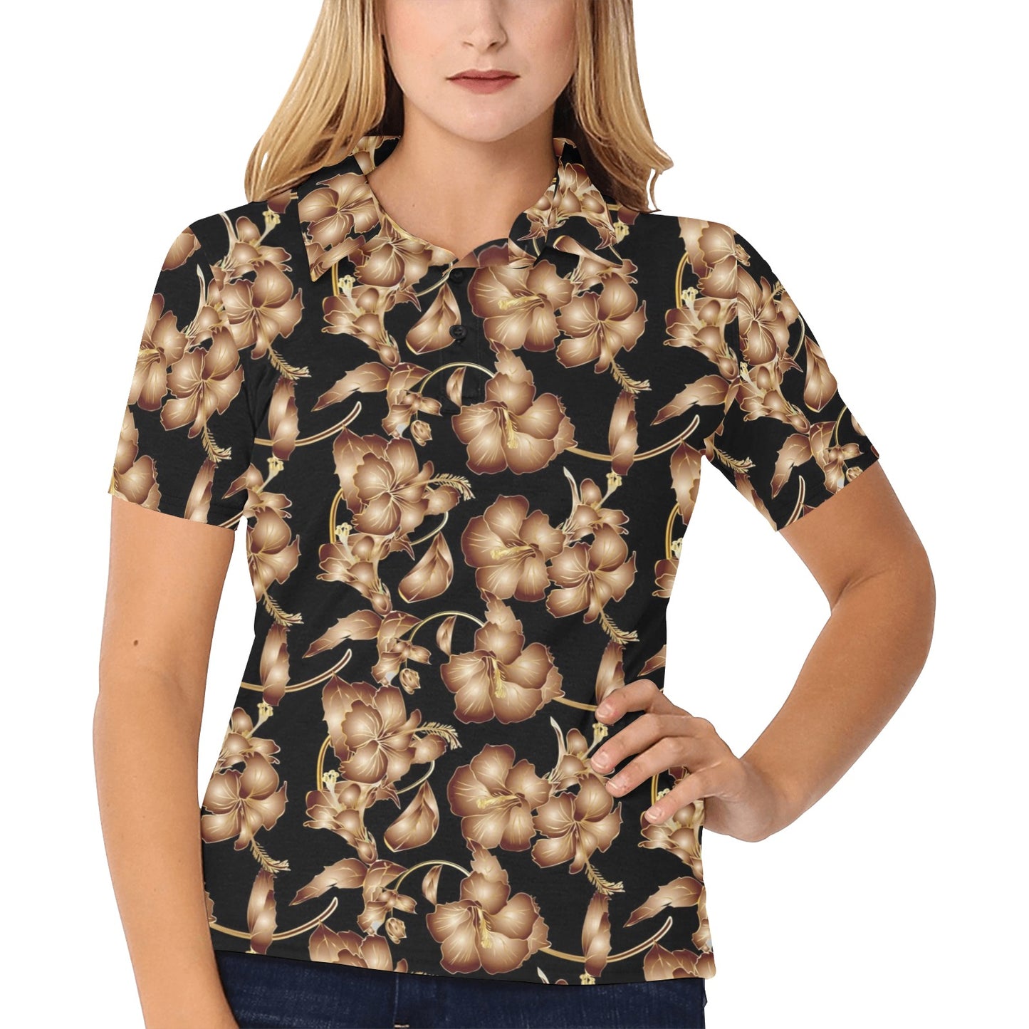 Brown Hibiscus Pattern Print Design HB06 Women's Polo Shirt