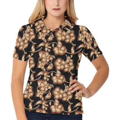 Brown Hibiscus Pattern Print Design HB06 Women's Polo Shirt