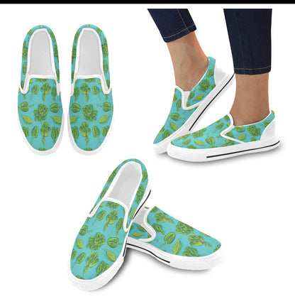 Spinach Print Design LKS301 White Slip Ons Canvas Women's Shoes