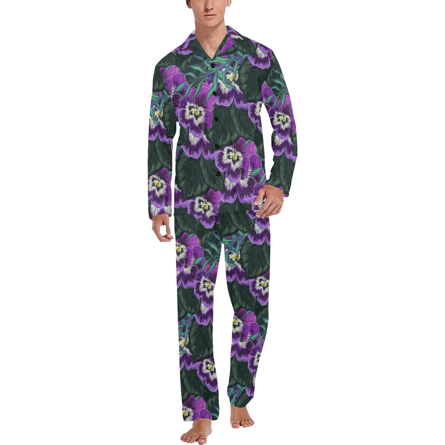 Pansy Pattern Print Design PS07 Men's Long Pajama Set