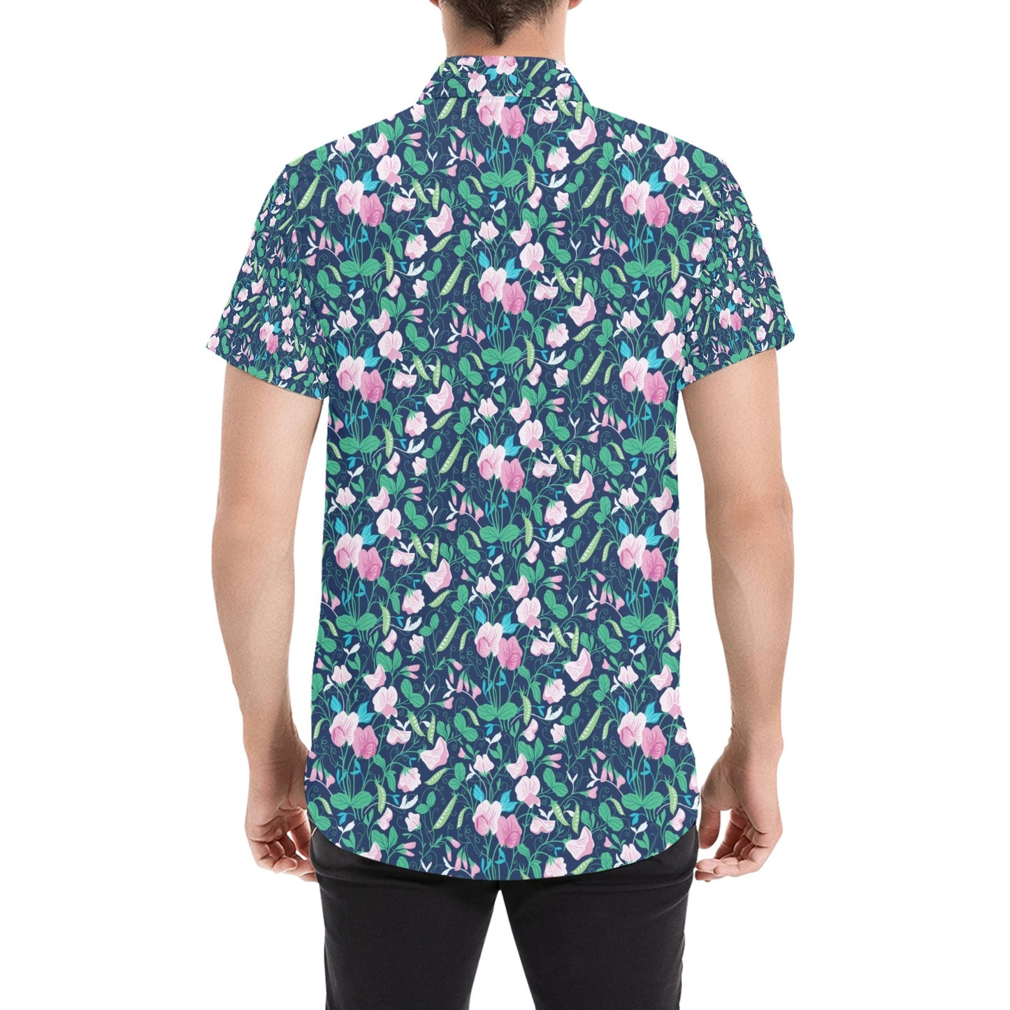 Sweet Pea Print Design LKS303 Men Short Sleeve Button Up Shirt