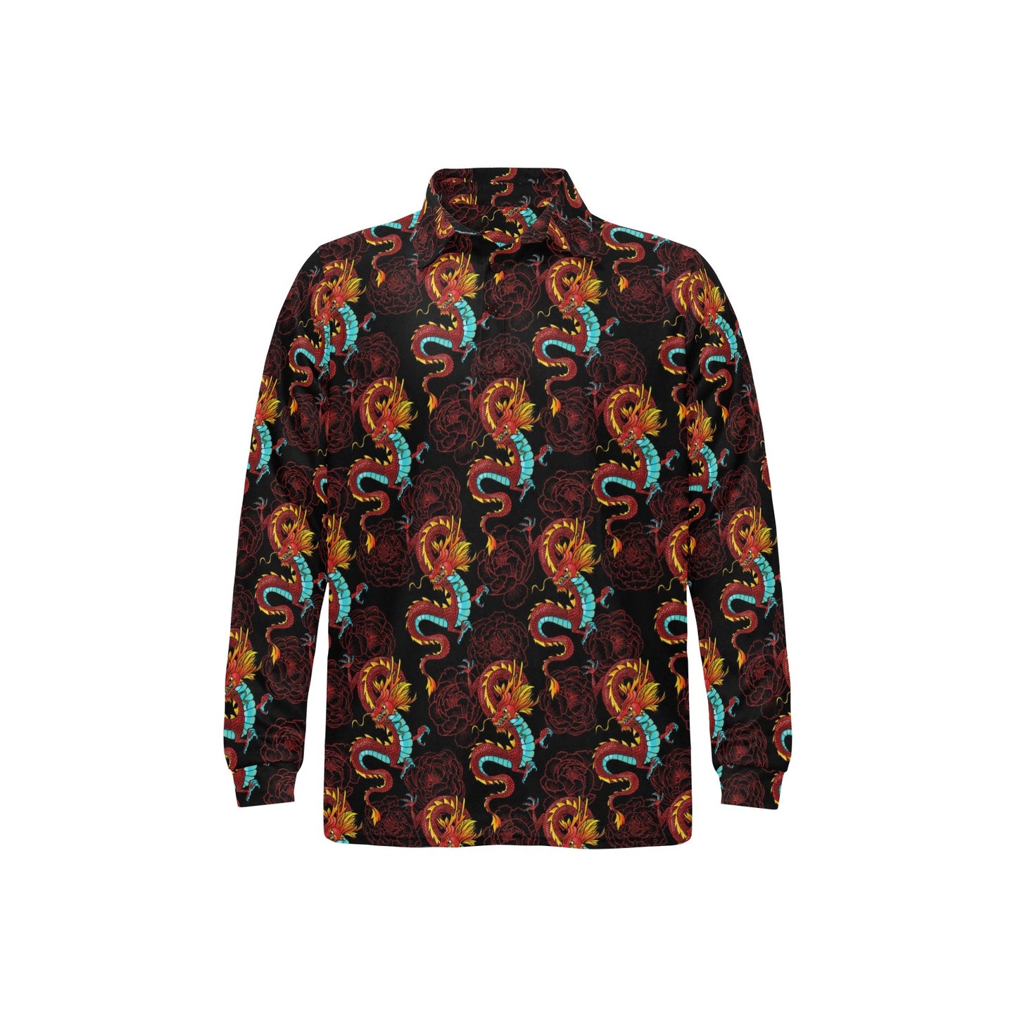 Chinese Dragons and Peonies Design Long Sleeve Polo Shirt For Men's