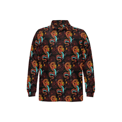 Chinese Dragons and Peonies Design Long Sleeve Polo Shirt For Men's