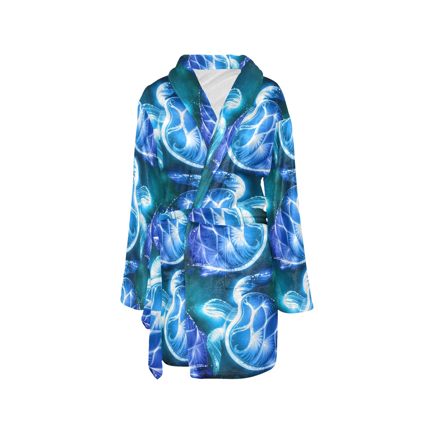 Blue Neon Sea Turtle Print Women's Fleece Robe