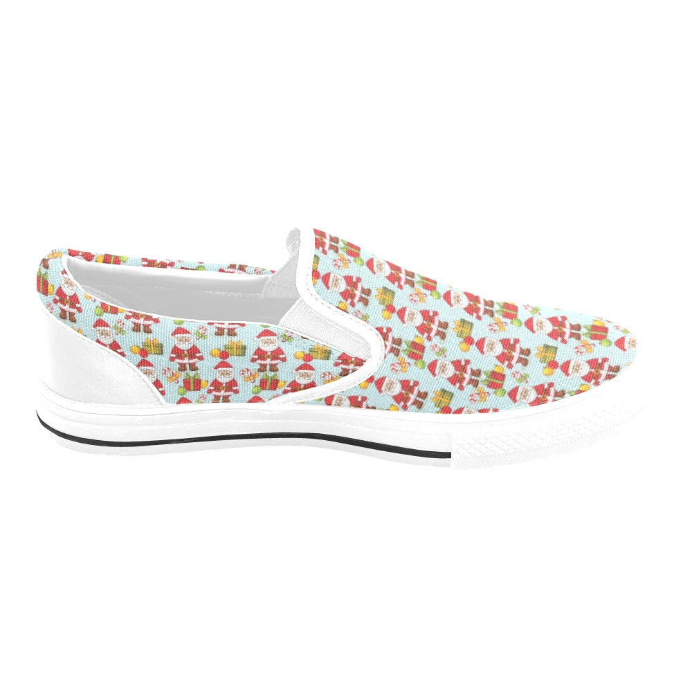 Santa Christmas Themed Print Design LKS303 White Slip Ons Canvas Women's Shoes