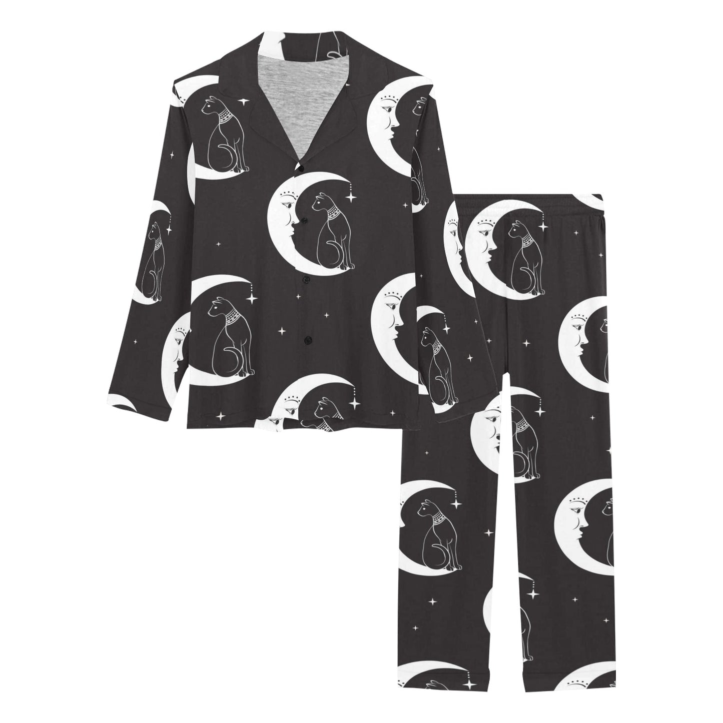 Moon with Cat Pattern Print Design 04 Women's Long Pajama Set