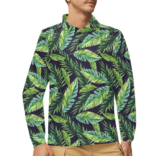 Tropical Flower Pattern Print Design TF06 Long Sleeve Polo Shirt For Men's