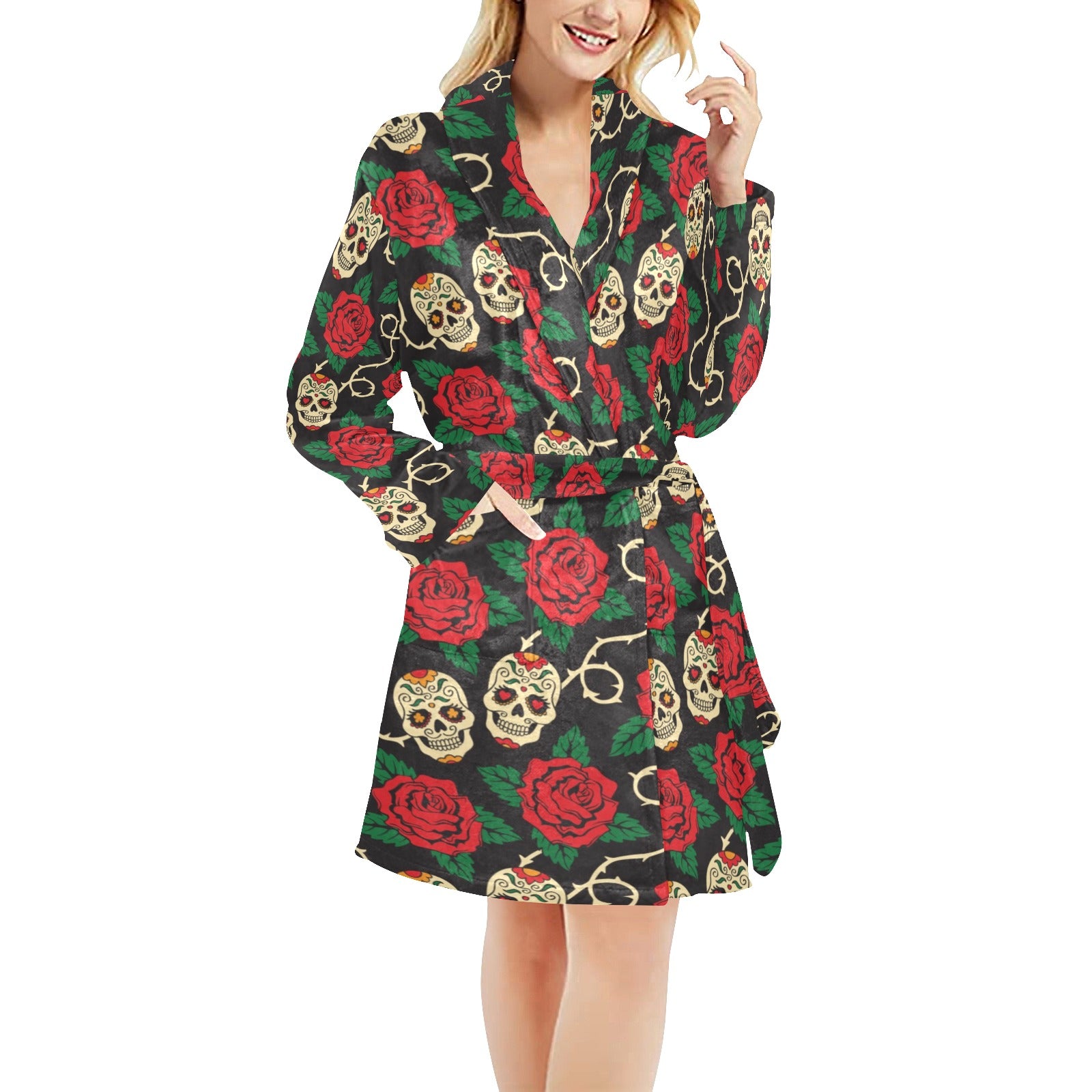 Sugar Skull Red Rose Print Design LKS301 Women's Fleece Robe