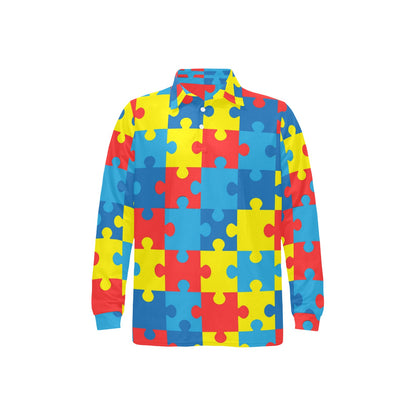 Autism Awareness Puzzles Design Print Long Sleeve Polo Shirt For Men's