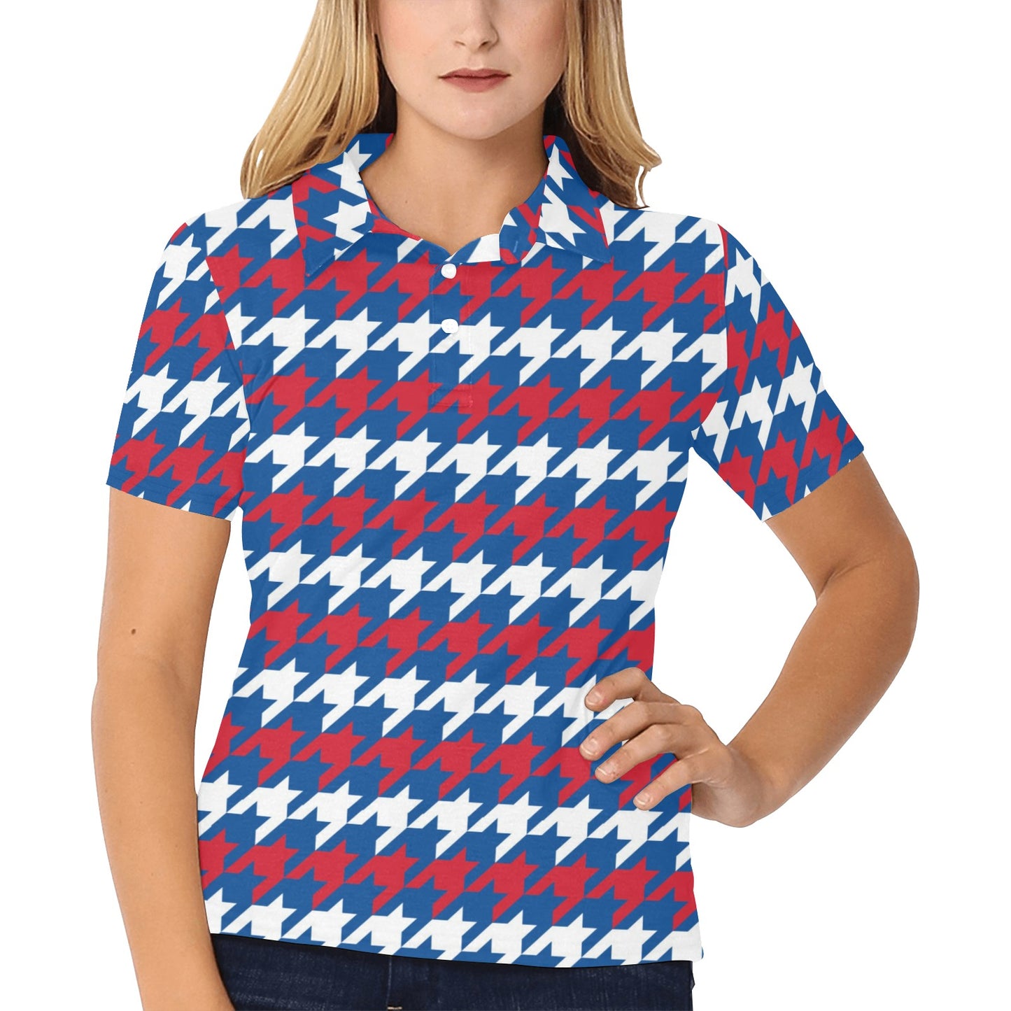 Patriotic Houndstooth Pattern Print Design A02 Women's Polo Shirt
