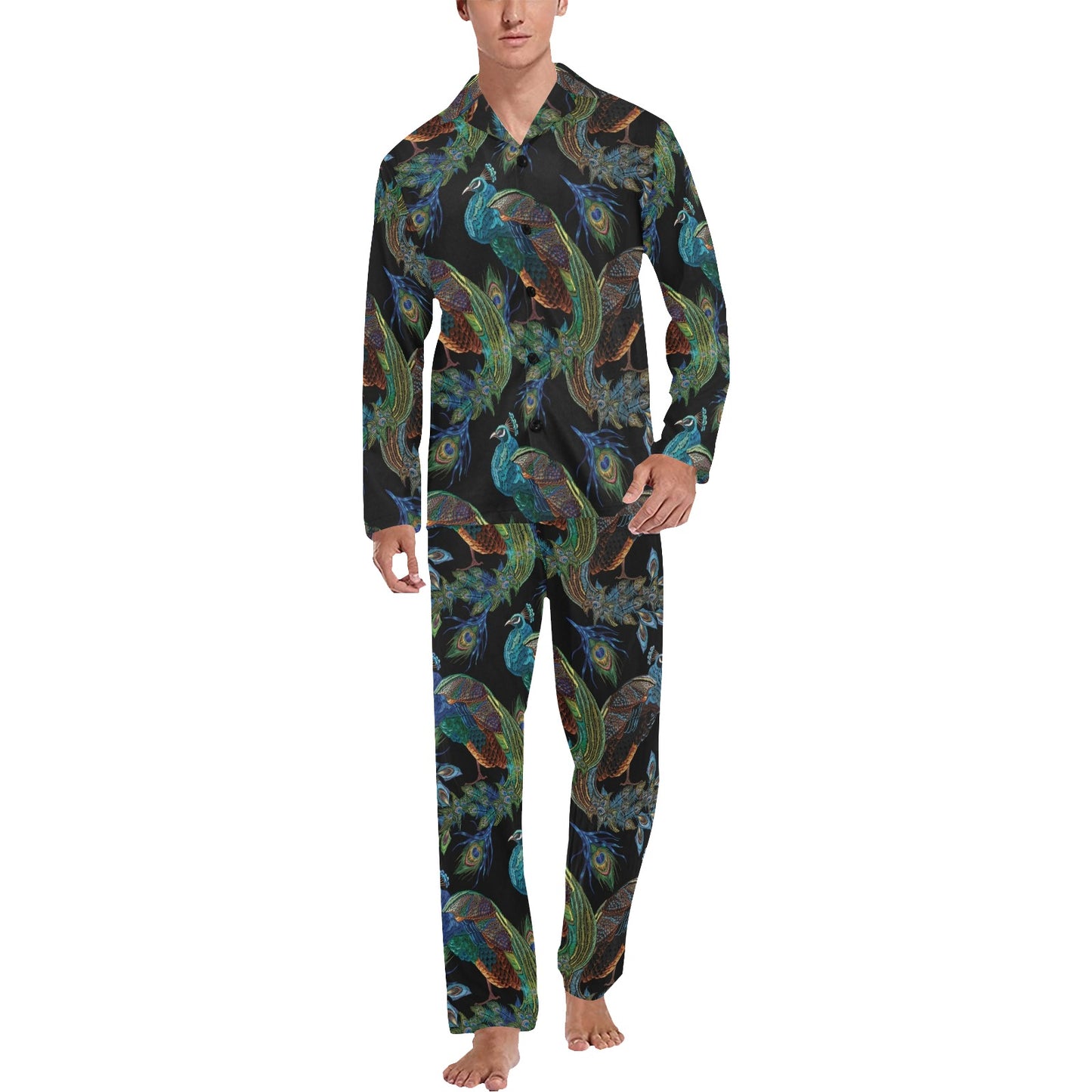 Peacock Pattern Print Design A04 Men's Long Pajama Set