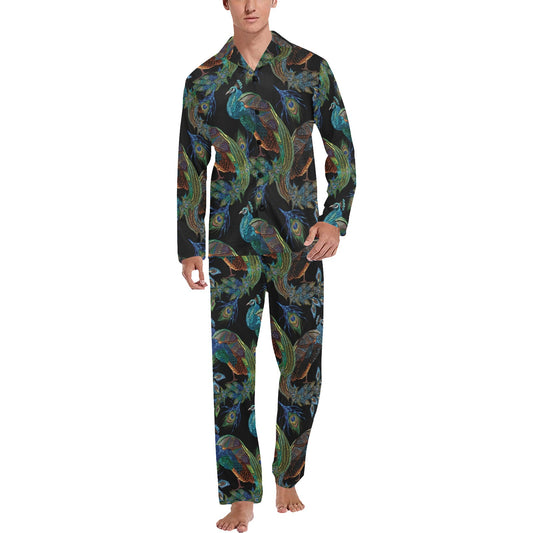 Peacock Pattern Print Design A04 Men's Long Pajama Set