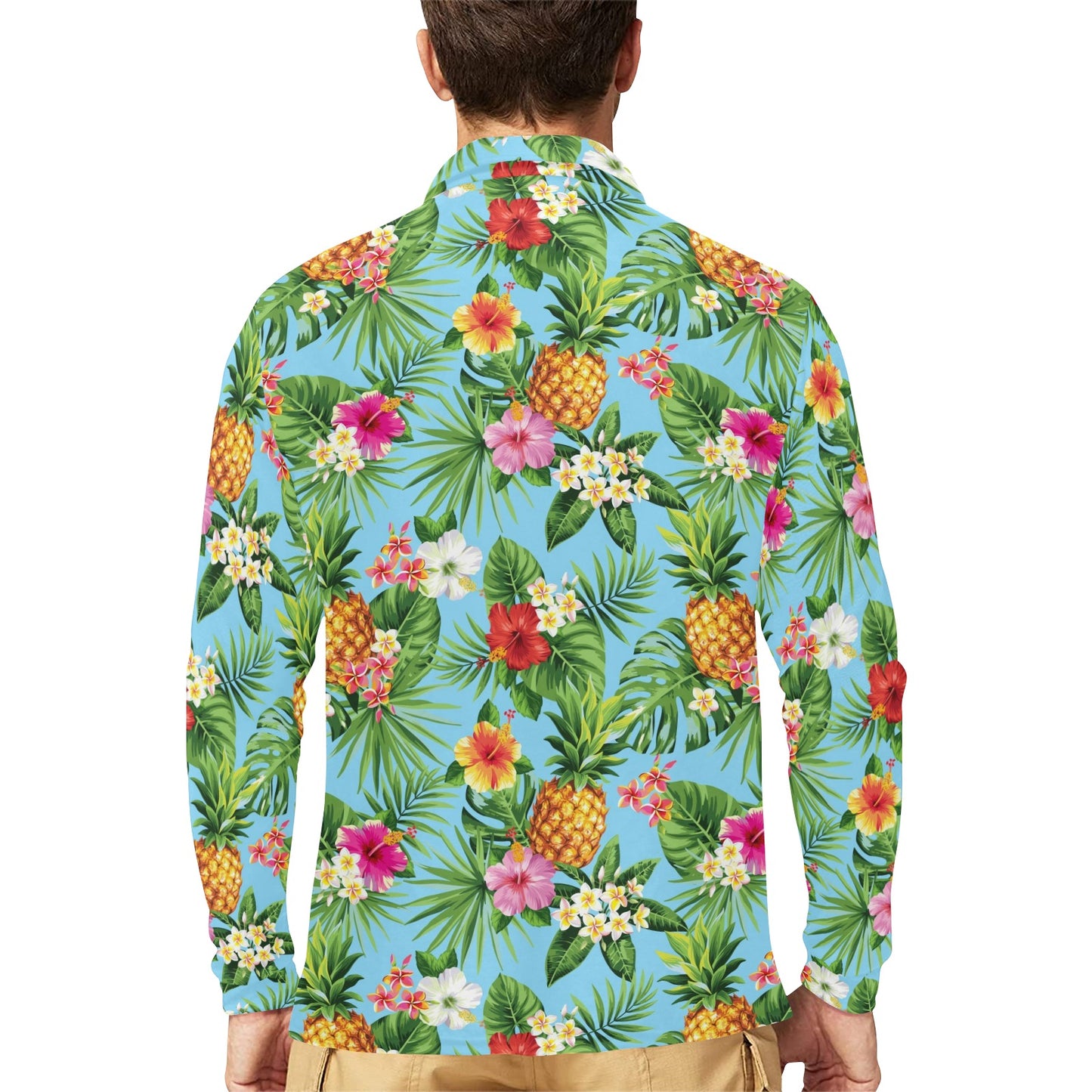 Pineapple Hawaiian flower Tropical Long Sleeve Polo Shirt For Men's