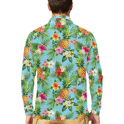Pineapple Hawaiian flower Tropical Long Sleeve Polo Shirt For Men's