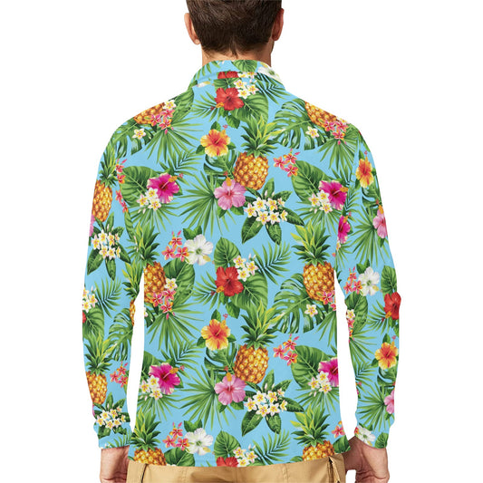 Pineapple Hawaiian flower Tropical Long Sleeve Polo Shirt For Men's