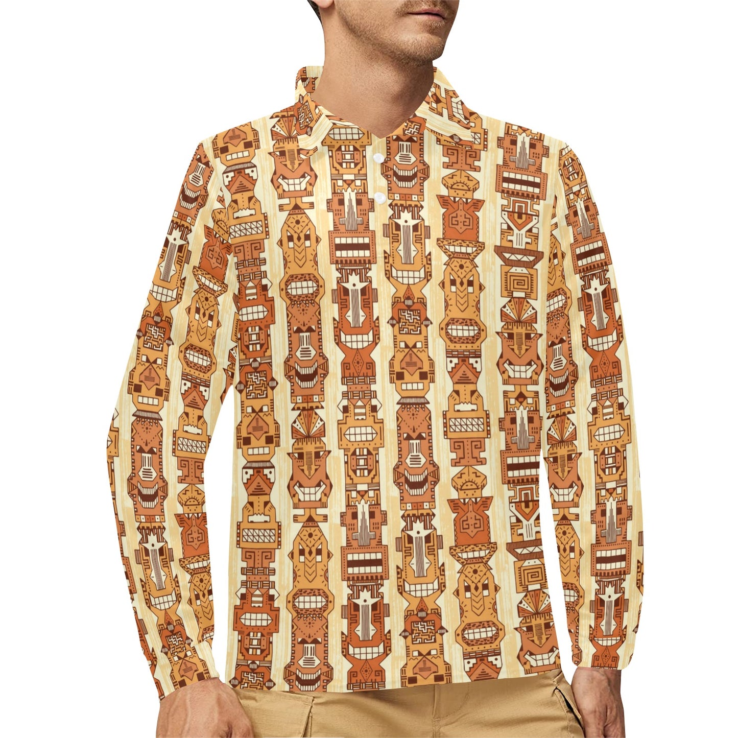 Tiki Orange Vertical Pattern Long Sleeve Polo Shirt For Men's