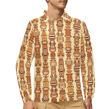 Tiki Orange Vertical Pattern Long Sleeve Polo Shirt For Men's