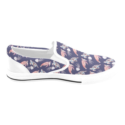 Sea Turtle With Jelly Fish Print Design LKS301 White Slip Ons Canvas Women's Shoes