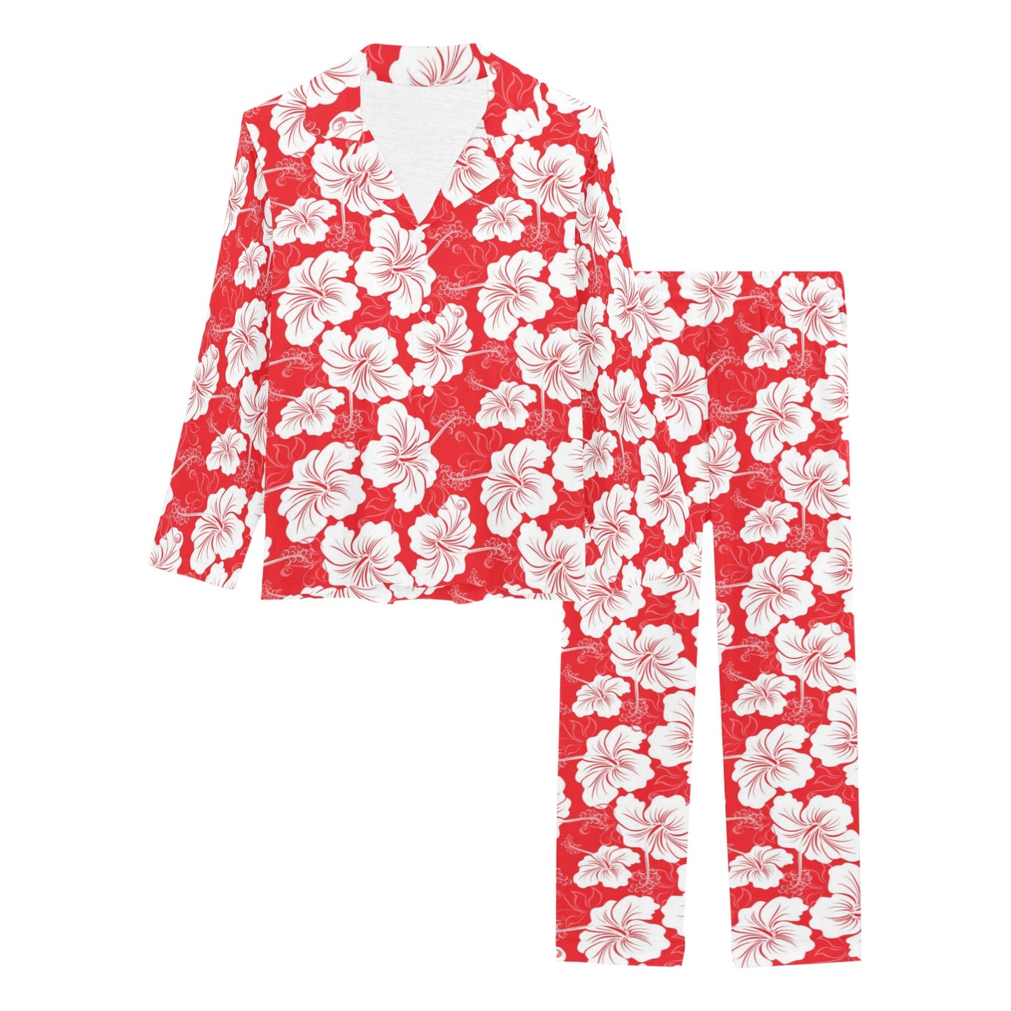 Flower Hawaiian Hibiscus Red Background Print Women's Long Pajama Set