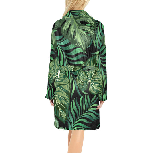 Green Fresh Tropical Palm Leaves Women's Fleece Robe