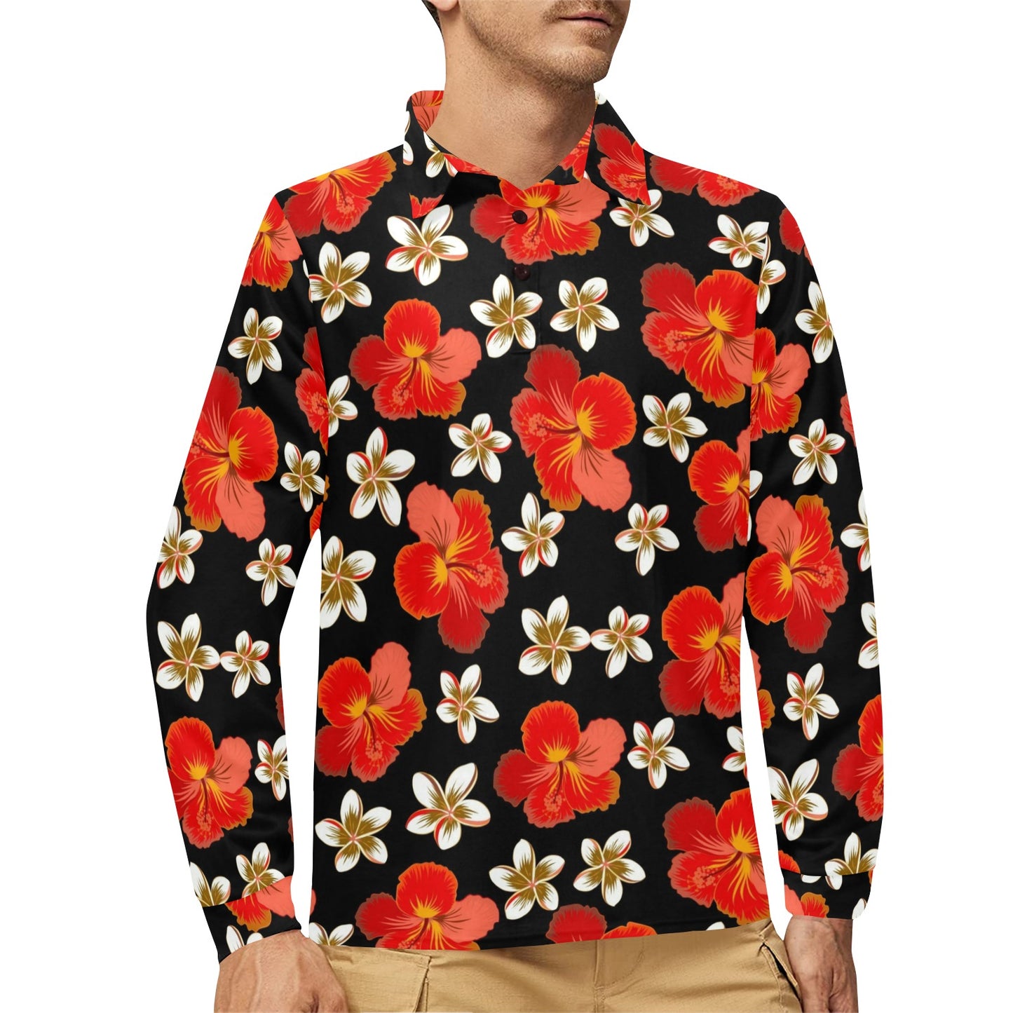 Red Hibiscus Pattern Print Design HB022 Long Sleeve Polo Shirt For Men's
