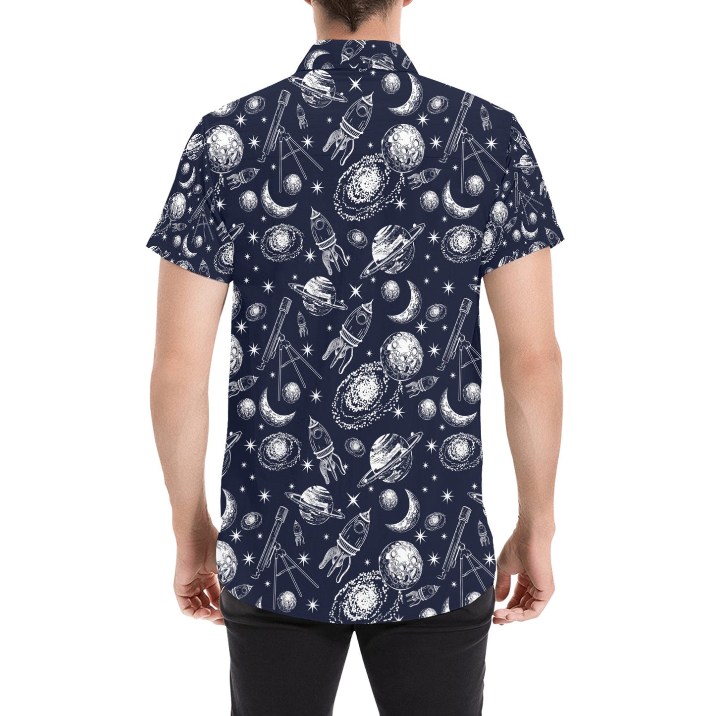 Space Rocket Print Design LKS301 Men Short Sleeve Button Up Shirt