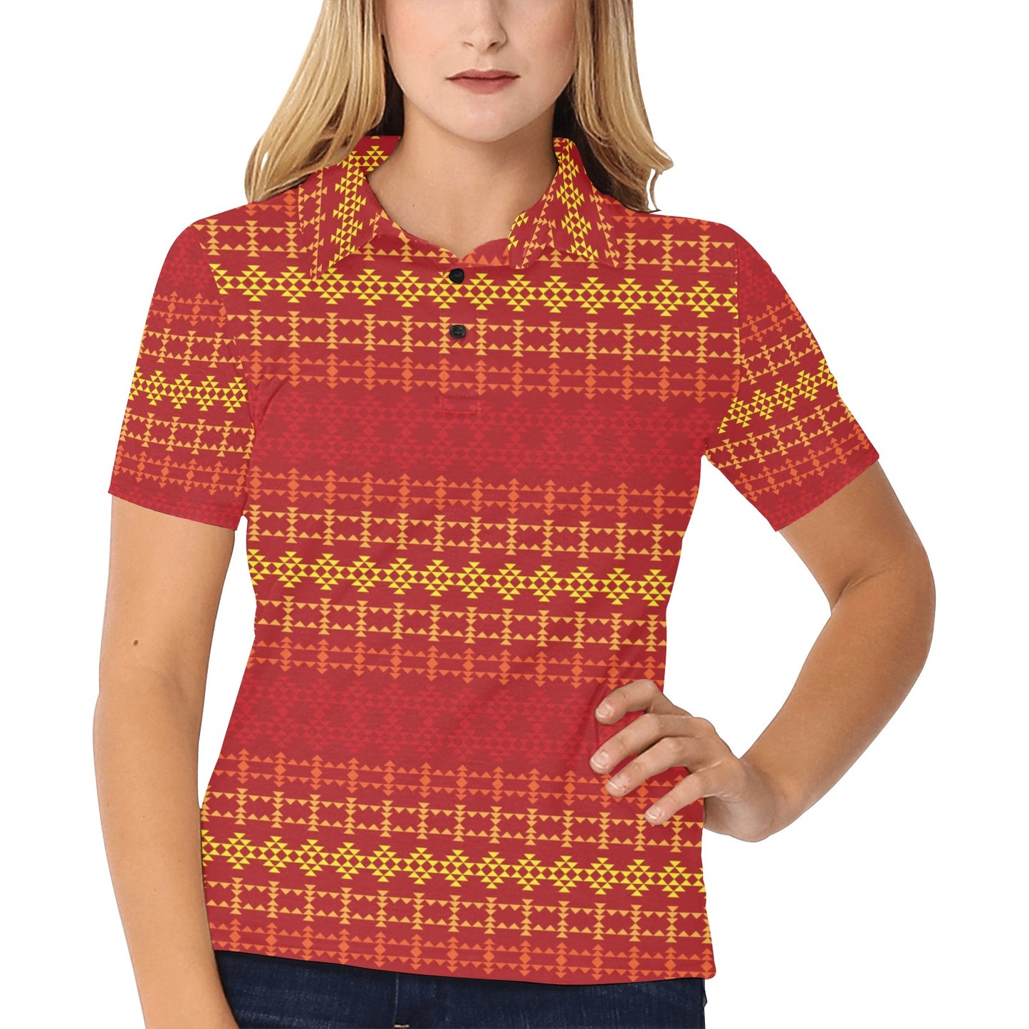 Southwest Red Gold Design Themed Print Women's Polo Shirt