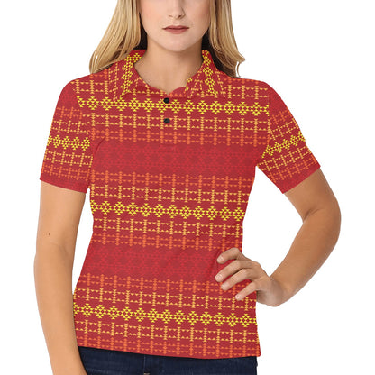 Southwest Red Gold Design Themed Print Women's Polo Shirt