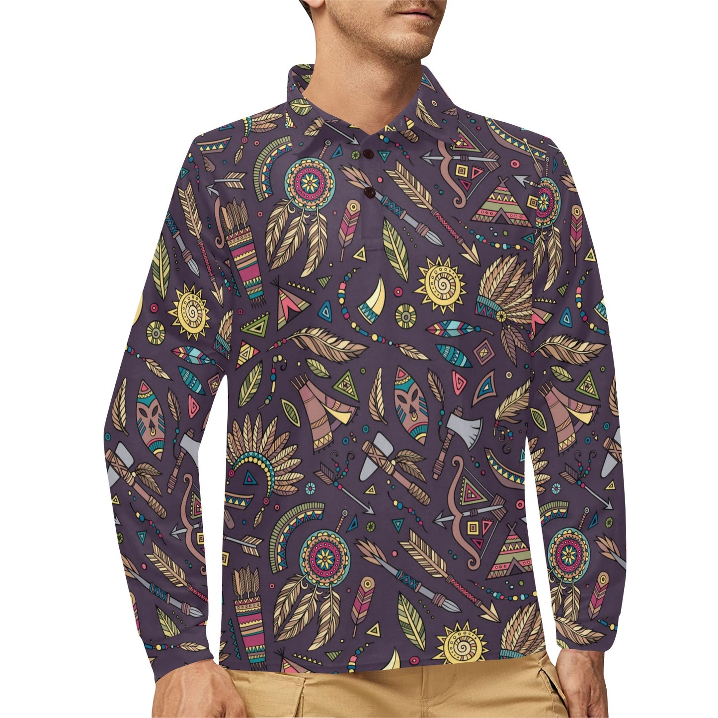 Tribal native american Aztec Long Sleeve Polo Shirt For Men's